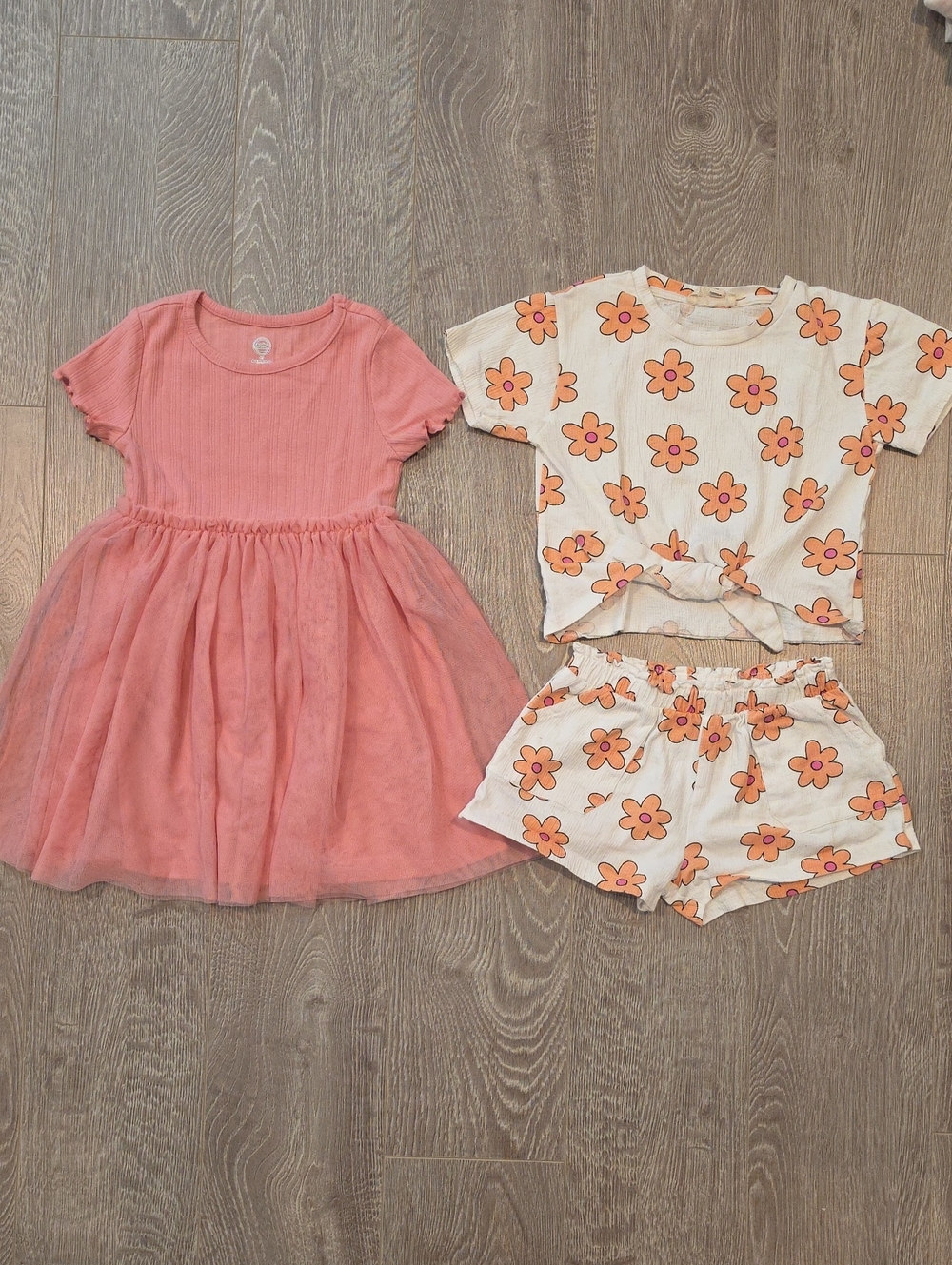 Pink Tulle Dress with Cream Floral Top & Shorts Set